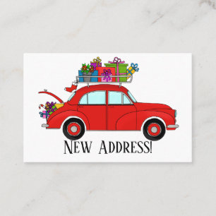 New Address Red Car mit Weihnachtsgeschenken Visitenkarte