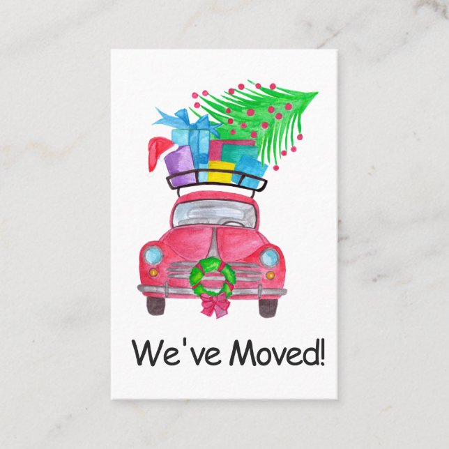 New Address Red Car mit Weihnachtsgeschenken Visitenkarte (Vorderseite)