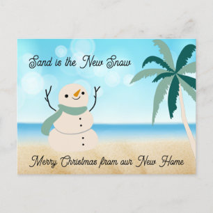 New Address Sandy Snowman on Beach Extravagant Scr Feiertagspostkarte
