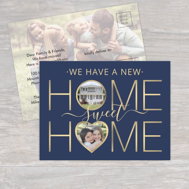 New Address Zuhause Sweet Zuhause Navy Blue & Gold Ankündigungspostkarte (Von Creator hochgeladen)