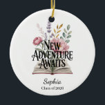 New Adventure Awaits Graduation Personalized Keramik Ornament<br><div class="desc">An inspiring âNew Adventure Awaitsâ design featuring an open book and elegant botanical flowers. This uplifting artwork symbolizes new beginnings and exciting life chapters. The design can be personalized with a name or custom message, making it perfect for celebrating graduation and other meaningful milestones. A thoughtful design for encouragement, celebration,...</div>