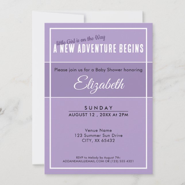 New Adventure Begins Purple Babyshower Invitation (Devant)