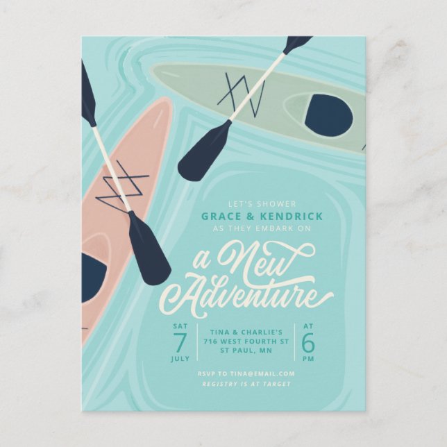 New Adventure Kayak Couples Polterabend Einladung Postkarte (Vorderseite)