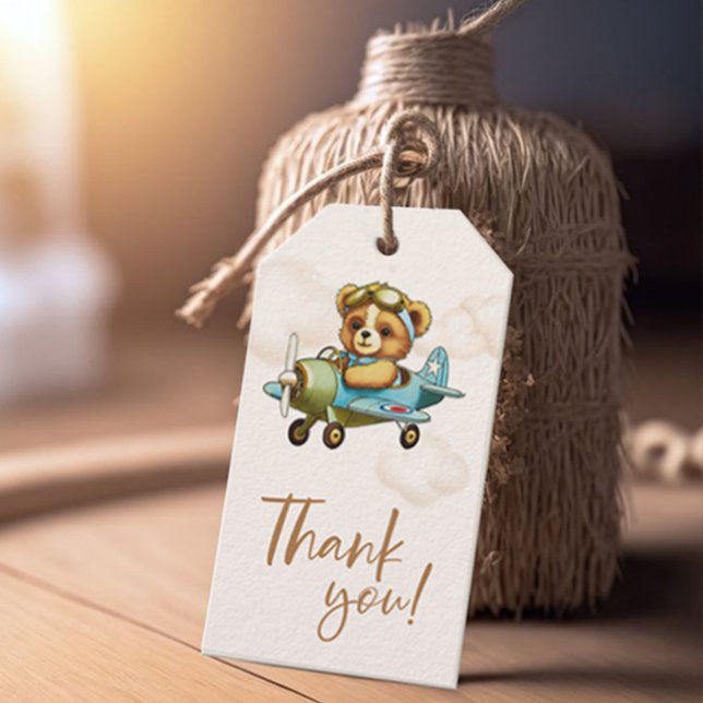 New Adventure Teddy Bär Airplane Baby Shooter Geschenkanhänger (New Adventure Teddy bear Airplane Baby Shower Gift Tags)