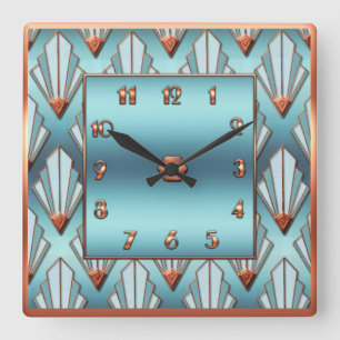 New Art Deco Blue and Copper Quadratische Wanduhr