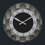 New Art Deco Style Black and silver Große Wanduhr<br><div class="desc">I have created a new art deco style circular wall clock in black and silver. This clock face is patterned in the art deco style with deco numbers on a silver background with a black centre. As yu can see from the photo this clock looks great on a plain wall....</div>