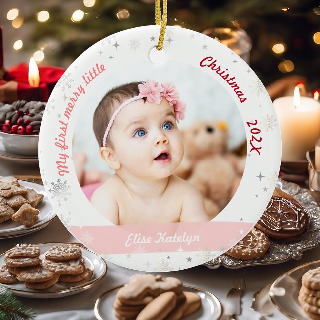 New Baby 2 Fotos Mein erstes frohes kleines Weihna Keramik Ornament (Modern Elegant Cute My First Merry Little Christmas Baby Girl 2 Photos Script Snowflakes Stars Pink)