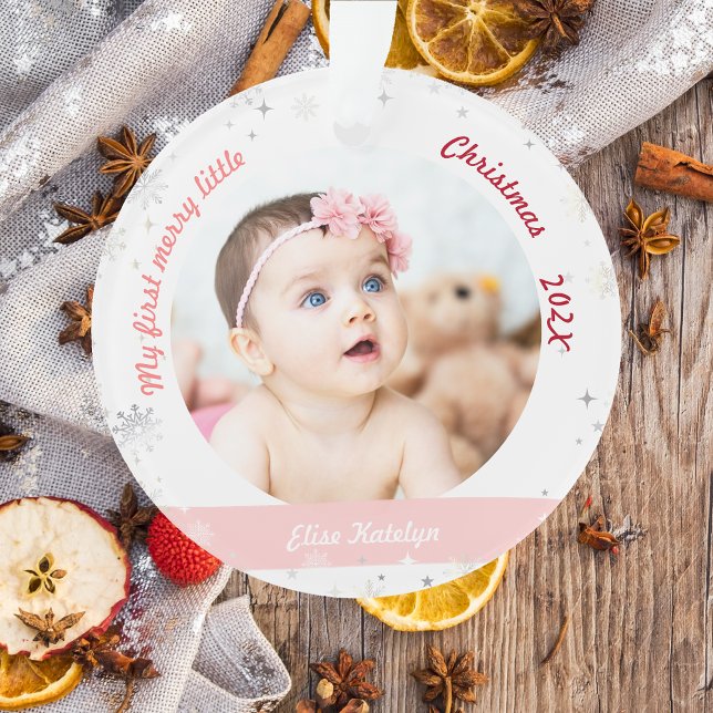 New Baby 2 Fotos Mein erstes frohes kleines Weihna Ornament (Modern Elegant Cute My First Merry Little Christmas Baby Personalized Name 2 Photos Snowflakes Stars)