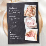 New Baby 3 Foto Chalkboard Geburtserklärung Postkarte<br><div class="desc">Mit dieser rustikalen Tafelplatte, der unterhaltsamen und modernen Kollage-Geburtskarte des Fotos können Sie Ihr neues Baby bei Freunden und Familie bekannt geben. Personalisieren Sie Ihre Fotos mit 3 Ihrer Lieblings-und personalisieren Sie mit Namen, geborenen Datum, Geburtsdaten. COPYRIGHT © 2020 Judy Burrows, Black Dog Art - Alle Rechte vorbehalten. Neuer Baby...</div>