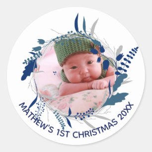 NEW Baby Ankündigung 1. Weihnachtsfest FOTO Runder Aufkleber