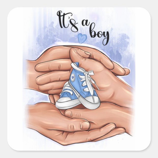 New Baby Announcement – Parents Holding Baby 👣 Quadratischer Aufkleber (Vorderseite)