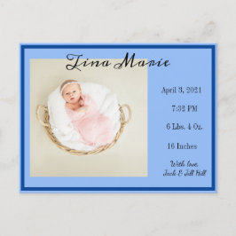 New Baby Birth Announcement Blue Foto Postkarte