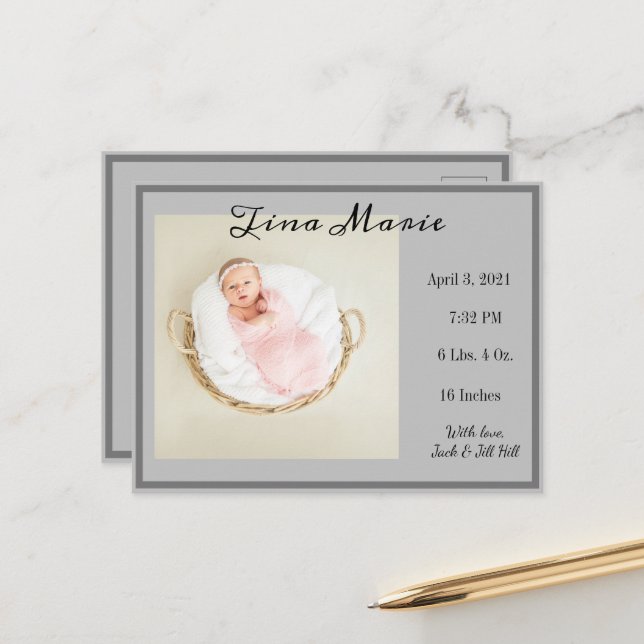 New Baby Birth Announcement Gray Foto Postkarte (Vorderseite/Rückseite Beispiel)