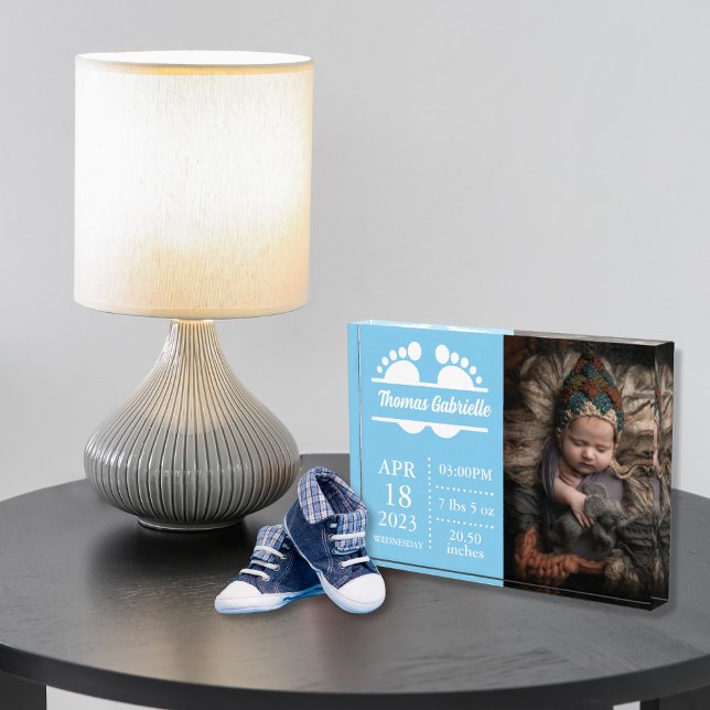 New Baby Boy Blue Birth Stats Keepake Foto Block (New Baby Boy Birth Stats Blue Keepsake Birth Announcement Photo Block)