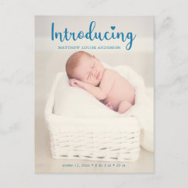 New Baby Boy Einführung Blue Elegant Modernes Foto Ankündigungspostkarte
