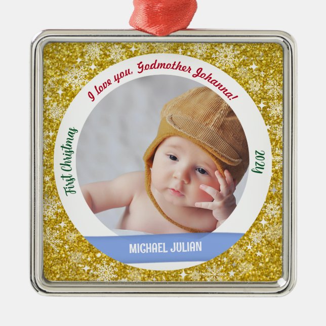 New Baby Boy Foto 1 Weihnachtsmutter Golden Ornament Aus Metall (Vorne)