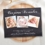 New Baby Chalkboard 3 Foto Geburtsankündigung Postkarte<br><div class="desc">Mit dieser rustikalen Tafelplatte, der unterhaltsamen und modernen Kollage-Geburtskarte des Fotos können Sie Ihr neues Baby bei Freunden und Familie bekannt geben. Personalisieren Sie Ihre Fotos mit 3 Ihrer Lieblings-und personalisieren Sie mit Namen, geborenen Datum, Geburtsdaten. COPYRIGHT © 2020 Judy Burrows, Black Dog Art - Alle Rechte vorbehalten. New Baby...</div>