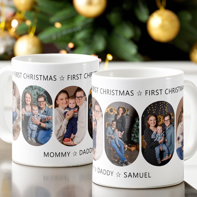 New Baby First Christmas 6 Rounded Lozenge Foto Kaffeetasse (First Christmas with new baby, 6 photo mug, from my Rounded Lozenge Photo Collage collection)
