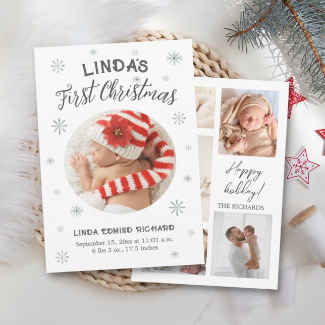 New Baby First Christmas Birth Stats Happy Holiday Dankeskarte (baby first christmas photo card)