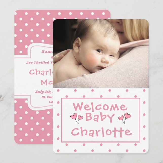New Baby, Foto Announcement, Pink Polka-Dot, Einladung (Vorne/Hinten)