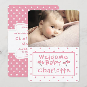 New Baby, Foto Announcement, Pink Polka-Dot, Einladung