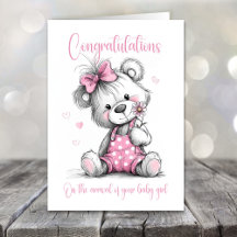 New Baby Girl Congratulations Teddy Bear Card