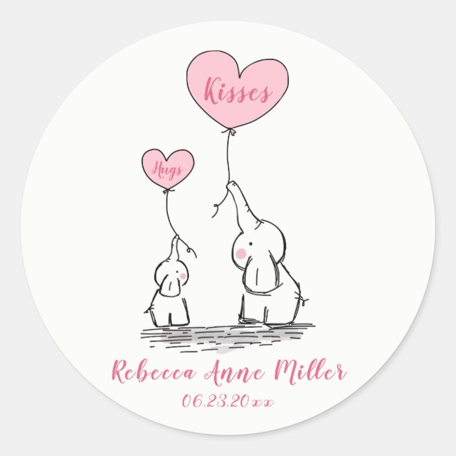 New Baby Girl Hugs and Kisses Elephants Runder Aufkleber (Vorderseite)