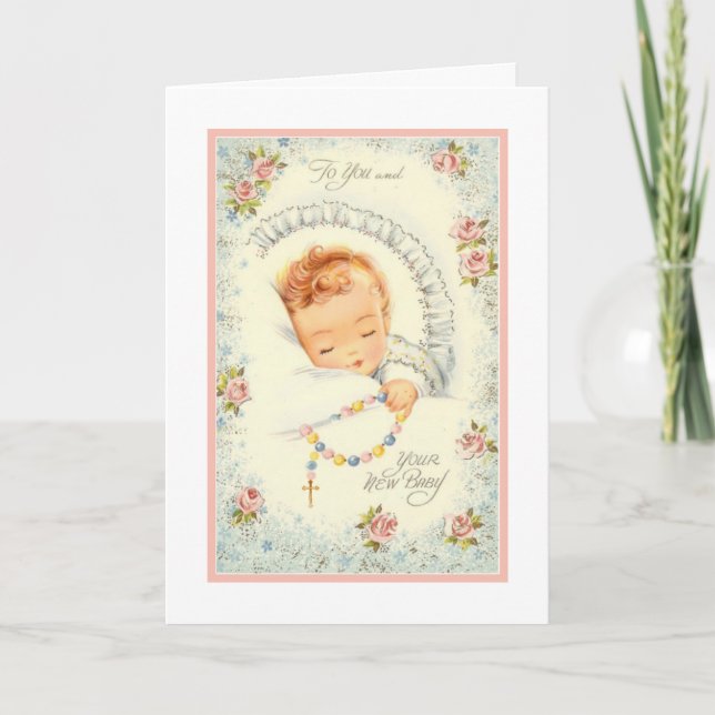 New Baby Girl Pink Roses Rosary katholisch Karte (Vorderseite)