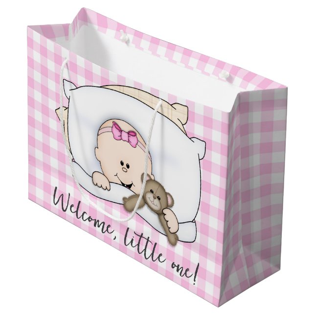 New Baby Girl With Teddy Bear On Gingham Große Geschenktüte (Vorderseite Schrägansicht)