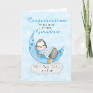 New Baby Grandson  Blue Penguin Moon Karte
