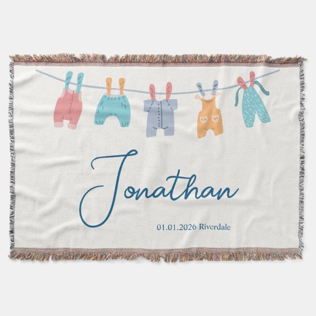 New Baby, Name, Date, Minimal Cute Clothline Decke (Vorderseite)
