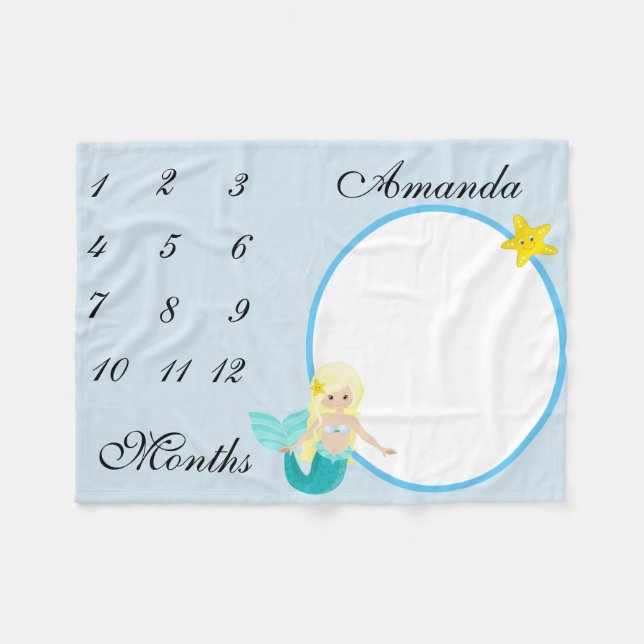 New Baby Säugling Milestone Mermaid Keepake Foto Fleecedecke (Vorderseite (Horizontal))