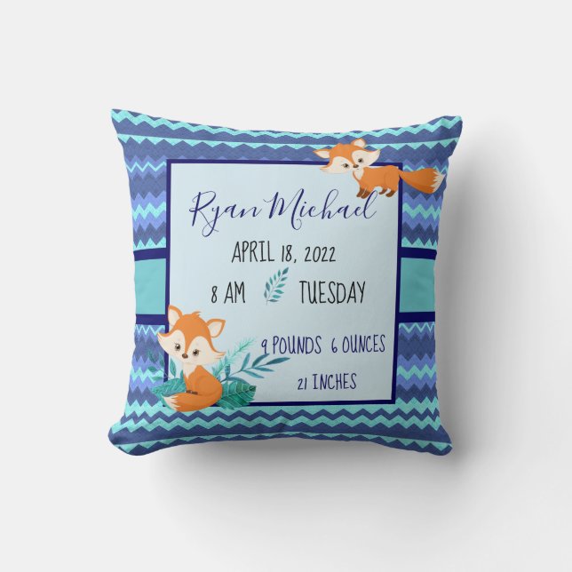 New Baby Stats Pillow Fox Blue Dusche Gift Boy Kissen (Vorderseite)
