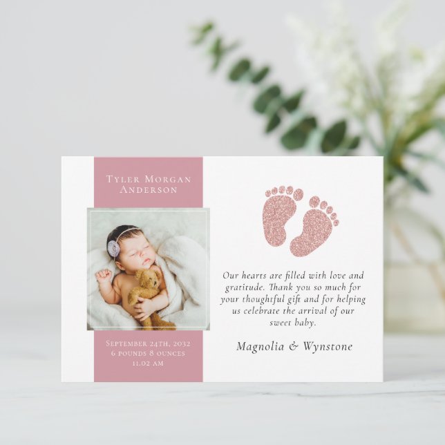 New Baby Vielen Dank | Foto Glitzer Feet Dankeskarte (Stehend Vorderseite)