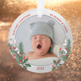 New Baby's 1. Weihnachts Silver Frame Holly & Pine Ornament