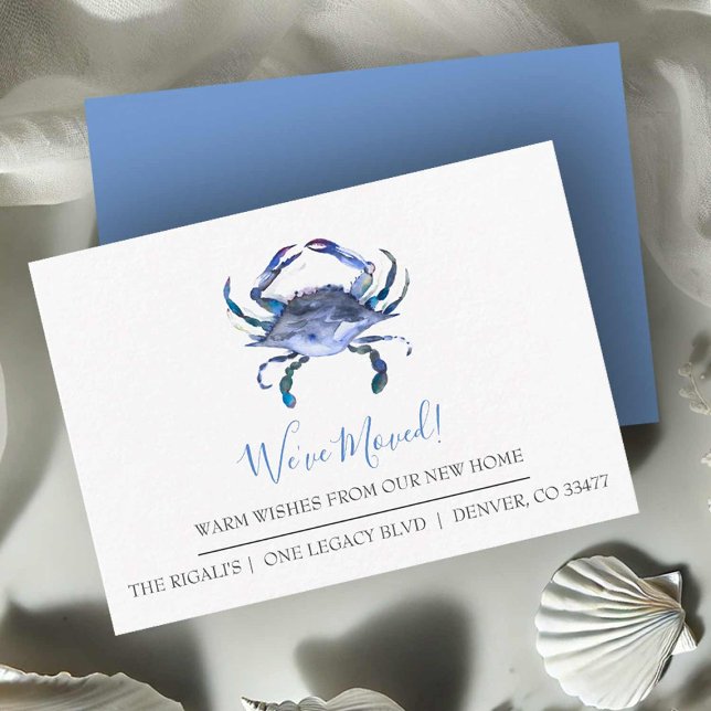 New Beach Zuhause Moving Ankündigung Business Card Begleitkarte (Business moving announcement cards watercolor blue crab art by Victoria Grigaliunas Do Tell A Belle)