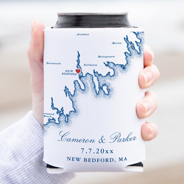 New Bedford Map Hochzeitsgeschenk Dosenkühler (New Bedford Wedding Favor Can Cooler Can Cozy in elegant navy blue by Coastal Map Designs)
