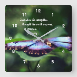 New Beginnings Butterfly Inspirational Quote  Quadratische Wanduhr