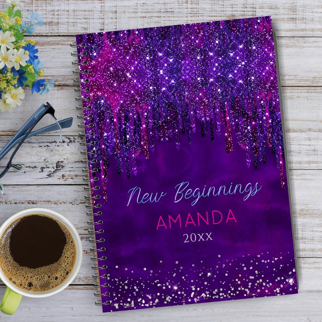 New beginnings Purple faux glitter Drips large Notizbuch (Von Creator hochgeladen)