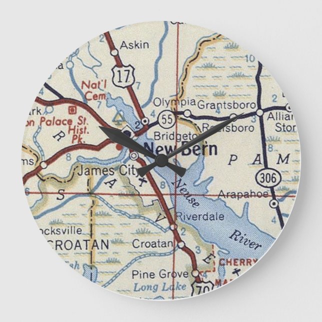 New Bern NC 50's Map Große Wanduhr (Vorderseite)