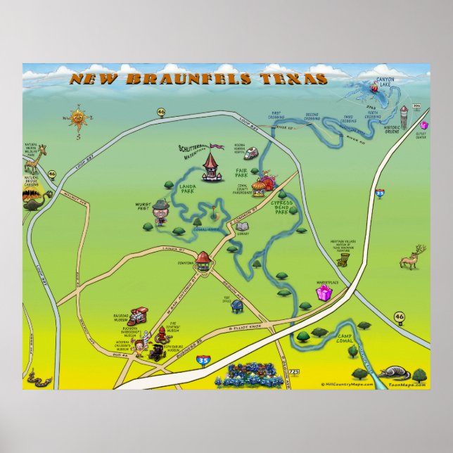 New Braunfels Texas Cartoon Map Poster (Vorne)