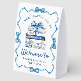 new chapter begins,blue bows baby shower welcome tischaufsteller 