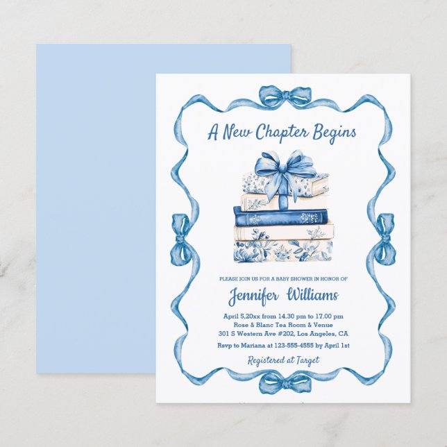  new chapter begins blue ribbon books baby shower  einladung (Vorne/Hinten)