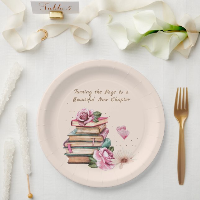New Chapter Begins Romantic Book Theme Floral Pappteller (Hochzeit)