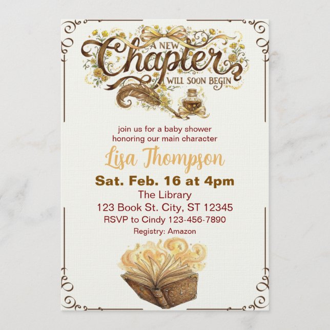 New Chapter Begins Soon, Golden Book Baby Shower Einladung (Vorderseite)