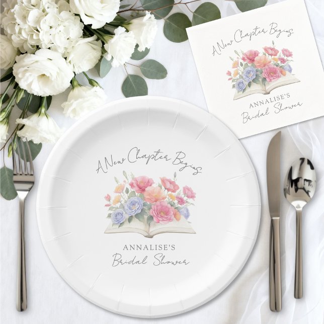New Chapter Floral Book Bridal Shower Pappteller (New Chapter Floral Book Bridal Shower Paper Plates)