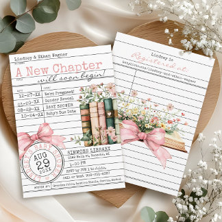 New Chapter Library Card Book Bow Baby Girl Shower Einladung