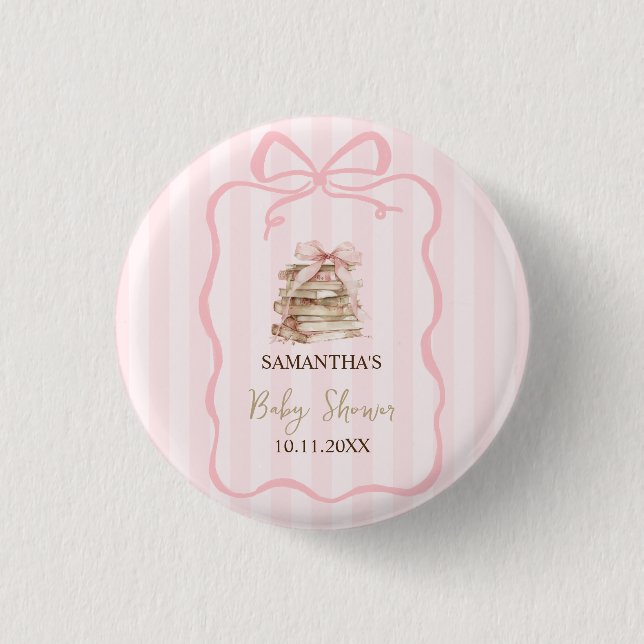 New Chapter Pink Bow Stripes Baby Shower Button (Vorderseite)
