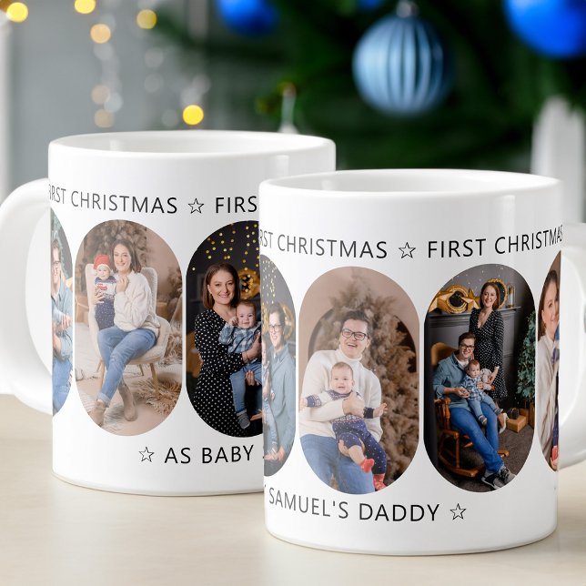 New Dad First Christmas 6 Foto Rounded Lozenge Jumbo-Tasse (Believe in Magic first christmas with new baby 5 photo mug  Rounded Lozenge Photo Collage collection)