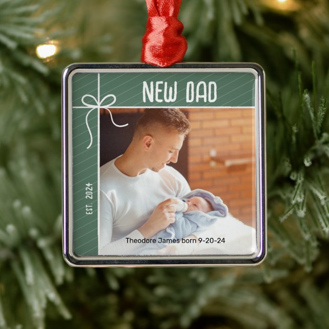 New Dad First Christmas Foto Ornament Aus Metall (Baum)